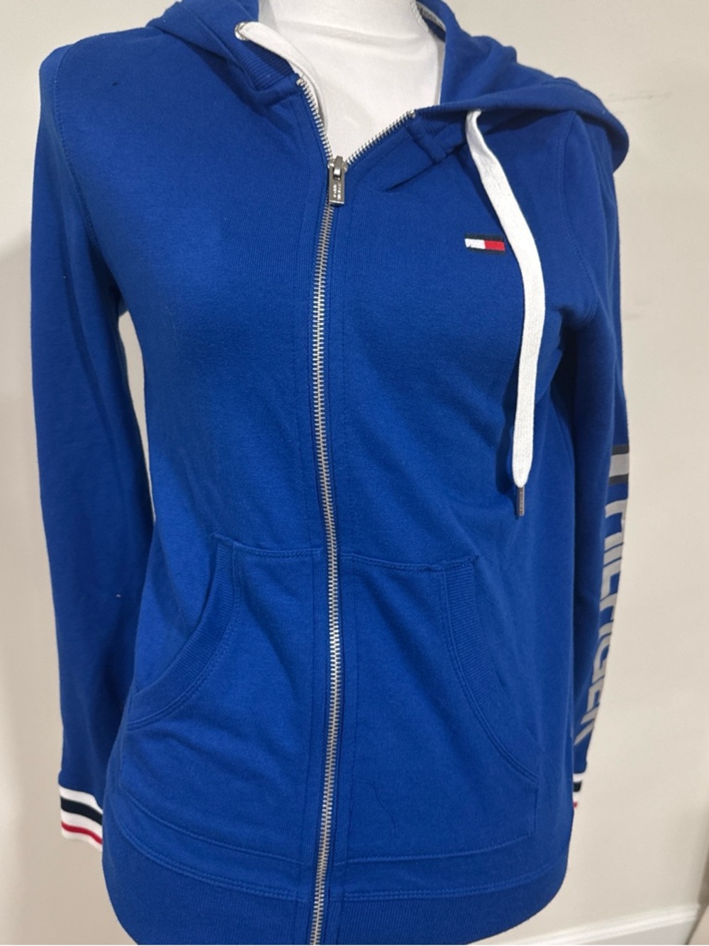 Tommy Hilfiger Royal Blue Full-Zip Hoodie with White Drawstrings